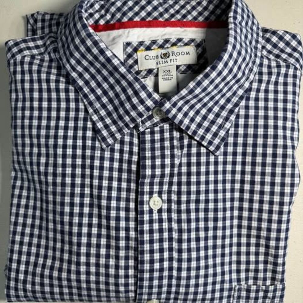 Club Room Slim Fit Men’s XXL Navy & White Gingham Check Button-Down Shirt